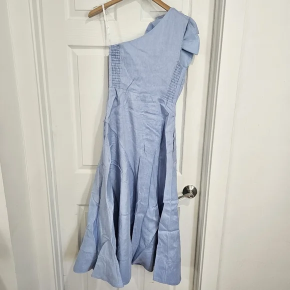 Aje  Adelia One-Shoulder Ruffled Dupioni-Trimmed Linen-Blend Midi Dress - Picture 4 of 9